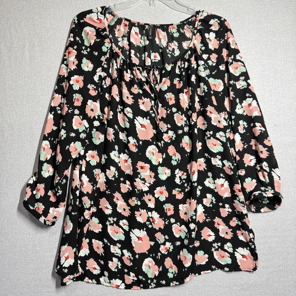 Massini Blouse Womens XL Black Floral Scoop Neck‎ 3/4 Sleeve Tunic Top Boho